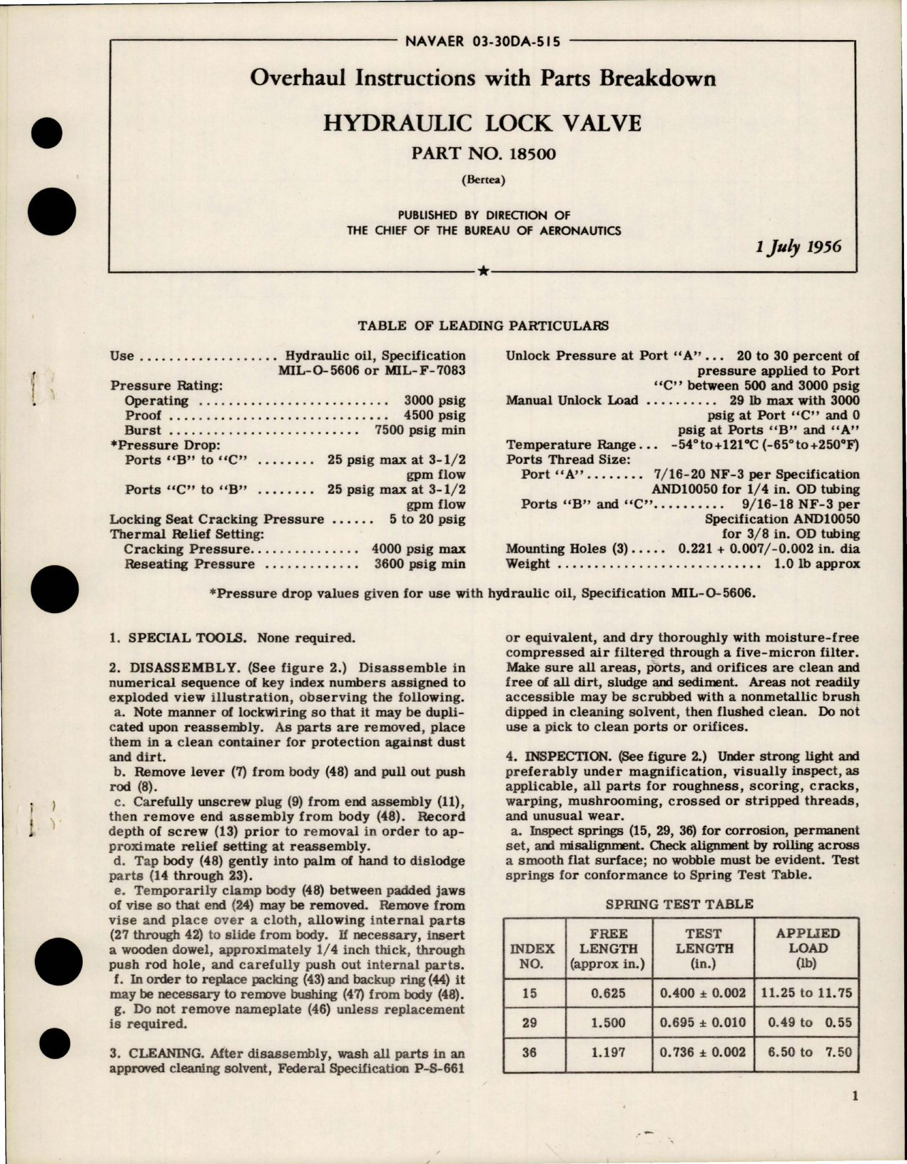 Sample page 1 from AirCorps Library document: Overhaul Instructions with Parts Breakdown for Hydraulic Lock Valve - Part 18500 