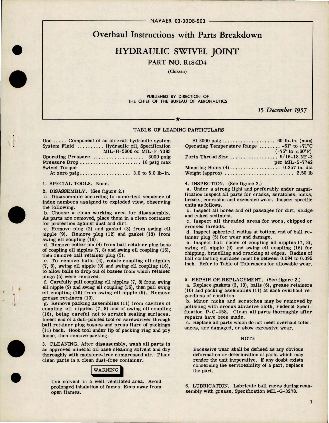 Sample page 1 from AirCorps Library document: Overhaul Instructions with Parts Breakdown for Hydraulic Swivel Joint - Part R184D4 