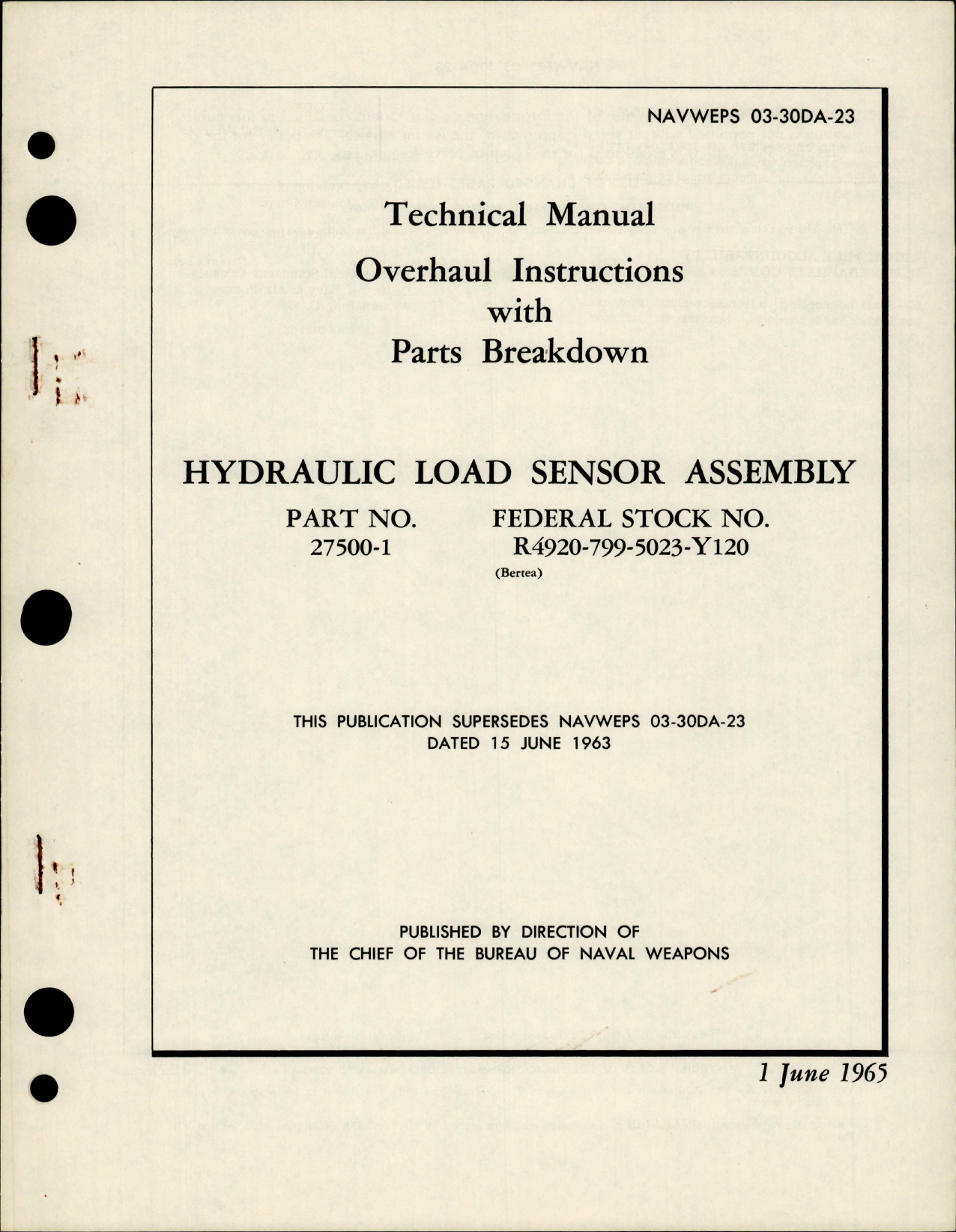 Sample page 1 from AirCorps Library document: Overhaul Instructions with Parts for Hydraulic Load Sensor Assembly - Part 27500-1 