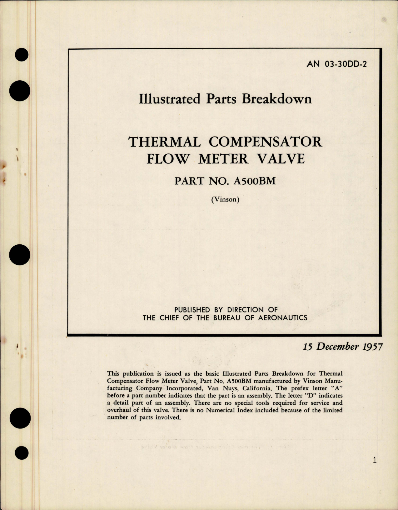 Sample page 1 from AirCorps Library document: Illustrated Parts Breakdown for Thermal Compensator Flow Meter Valve - Part A500BM