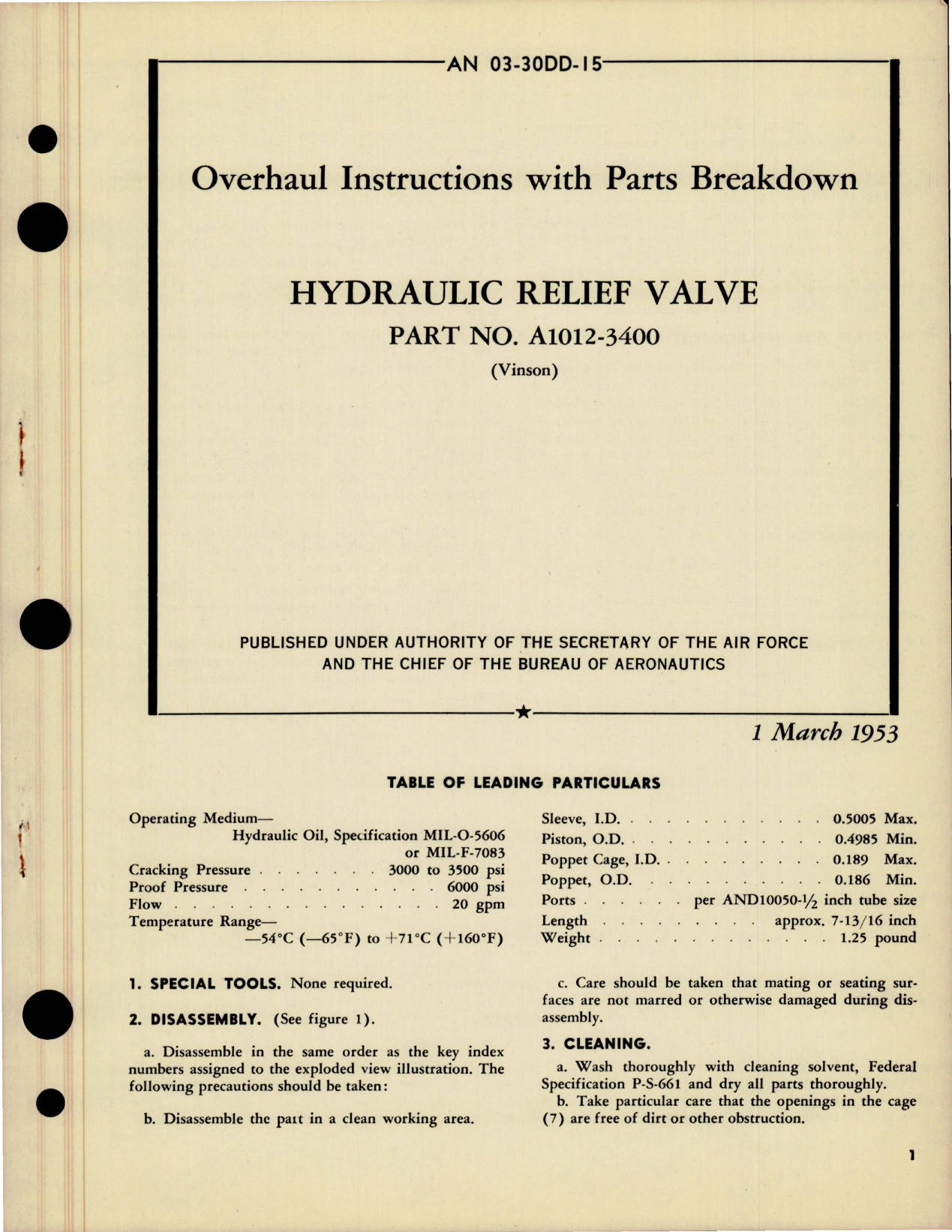 Sample page 1 from AirCorps Library document: Overhaul Instructions with Parts Breakdown for Hydraulic Relief Valve - Part A1012-3400 