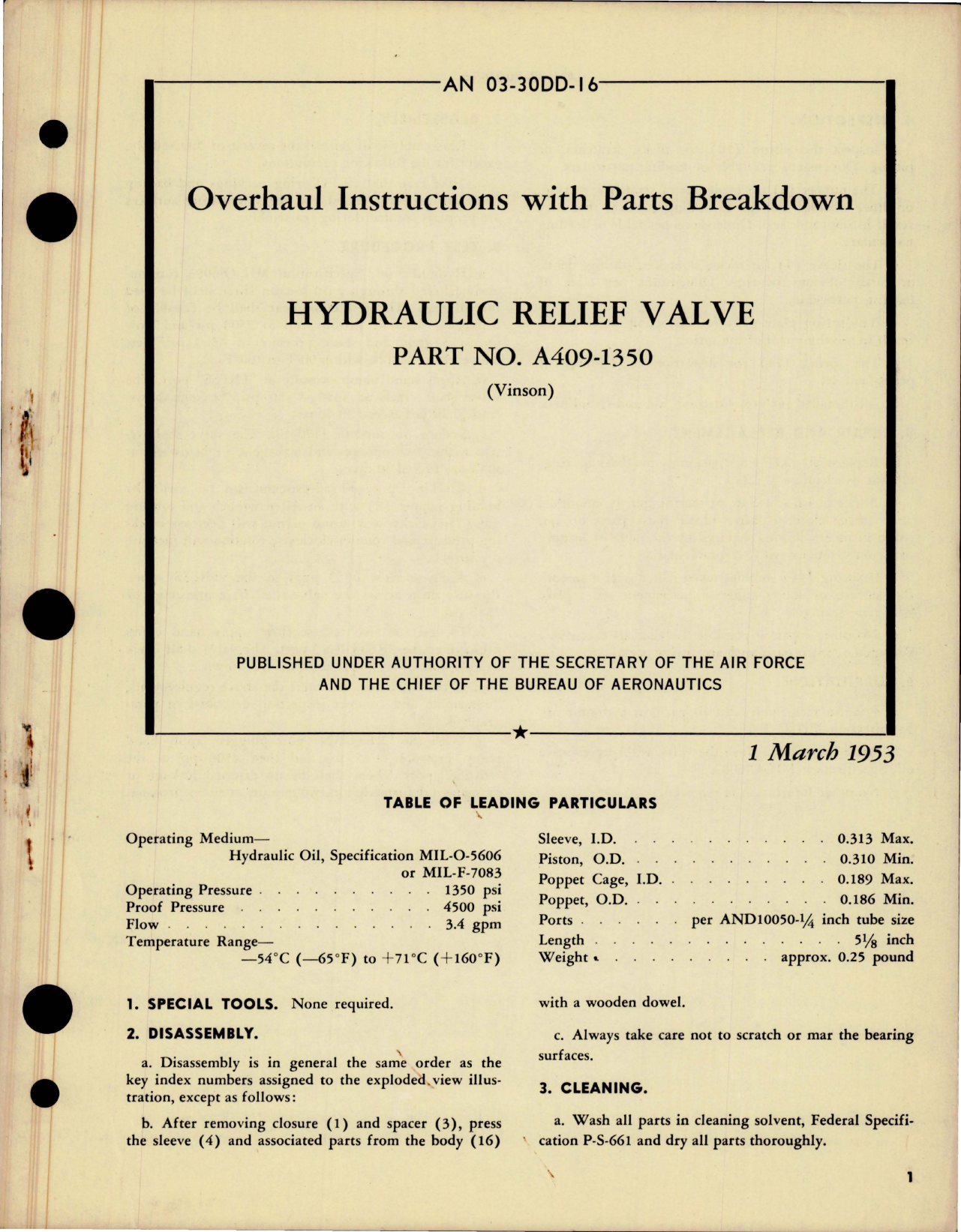 Sample page 1 from AirCorps Library document: Overhaul Instructions with Parts Breakdown for Hydraulic Relief Valve - Part A409-1350