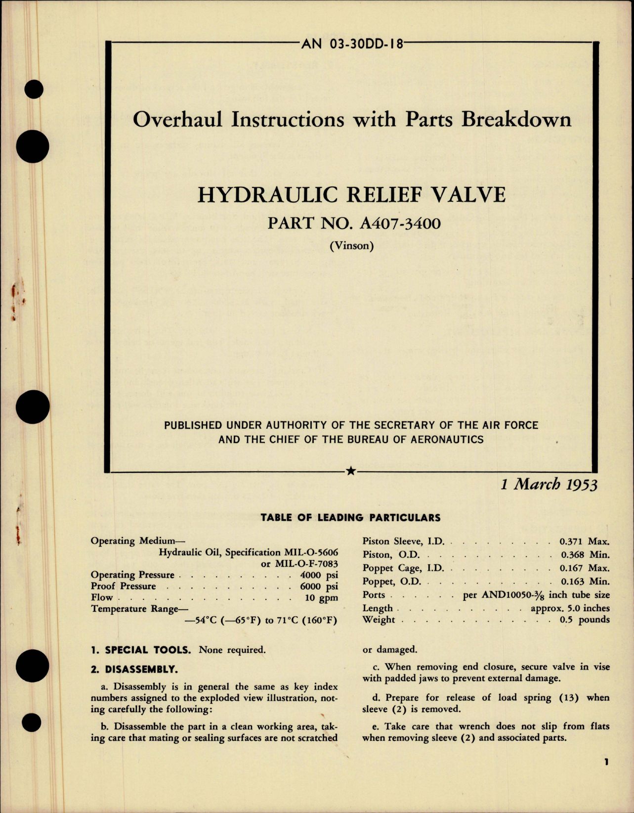 Sample page 1 from AirCorps Library document: Overhaul Instructions with Parts Breakdown for Hydraulic Relief Valve - Part A407-3400 