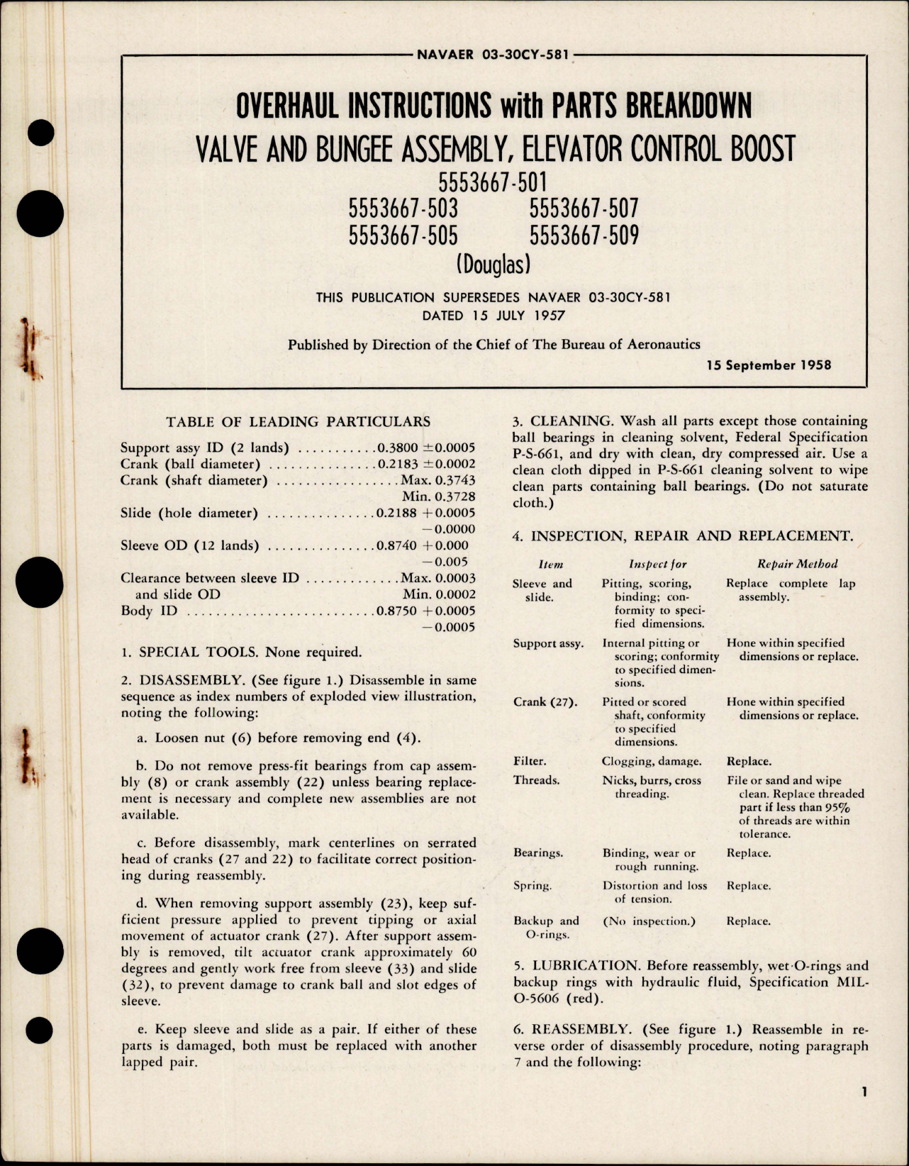 Sample page 1 from AirCorps Library document: Overhaul Instructions with Parts for Elevator Control Boost Valve and Bungee Assembly 