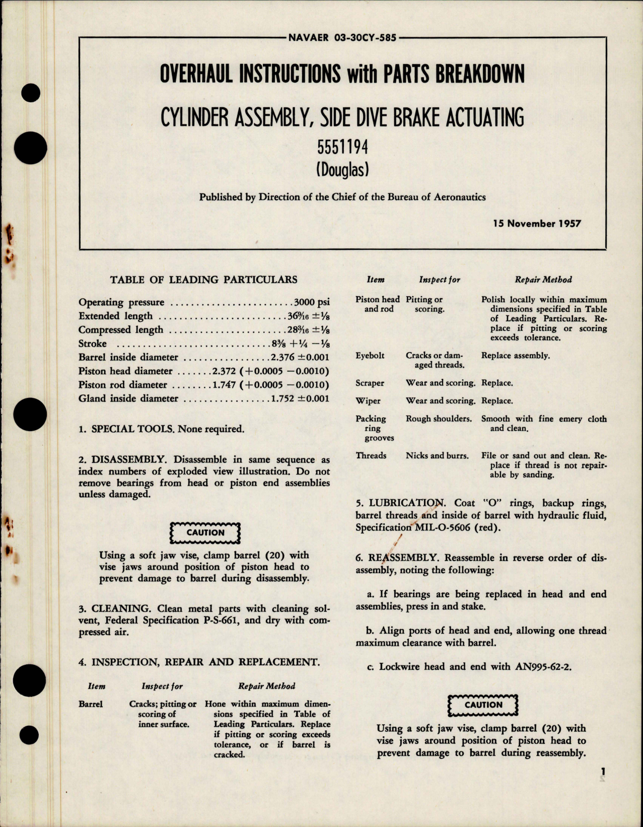 Sample page 1 from AirCorps Library document: Overhaul Instructions with Parts Breakdown for Side Dive Brake Actuating Cylinder Assembly - 5551194 