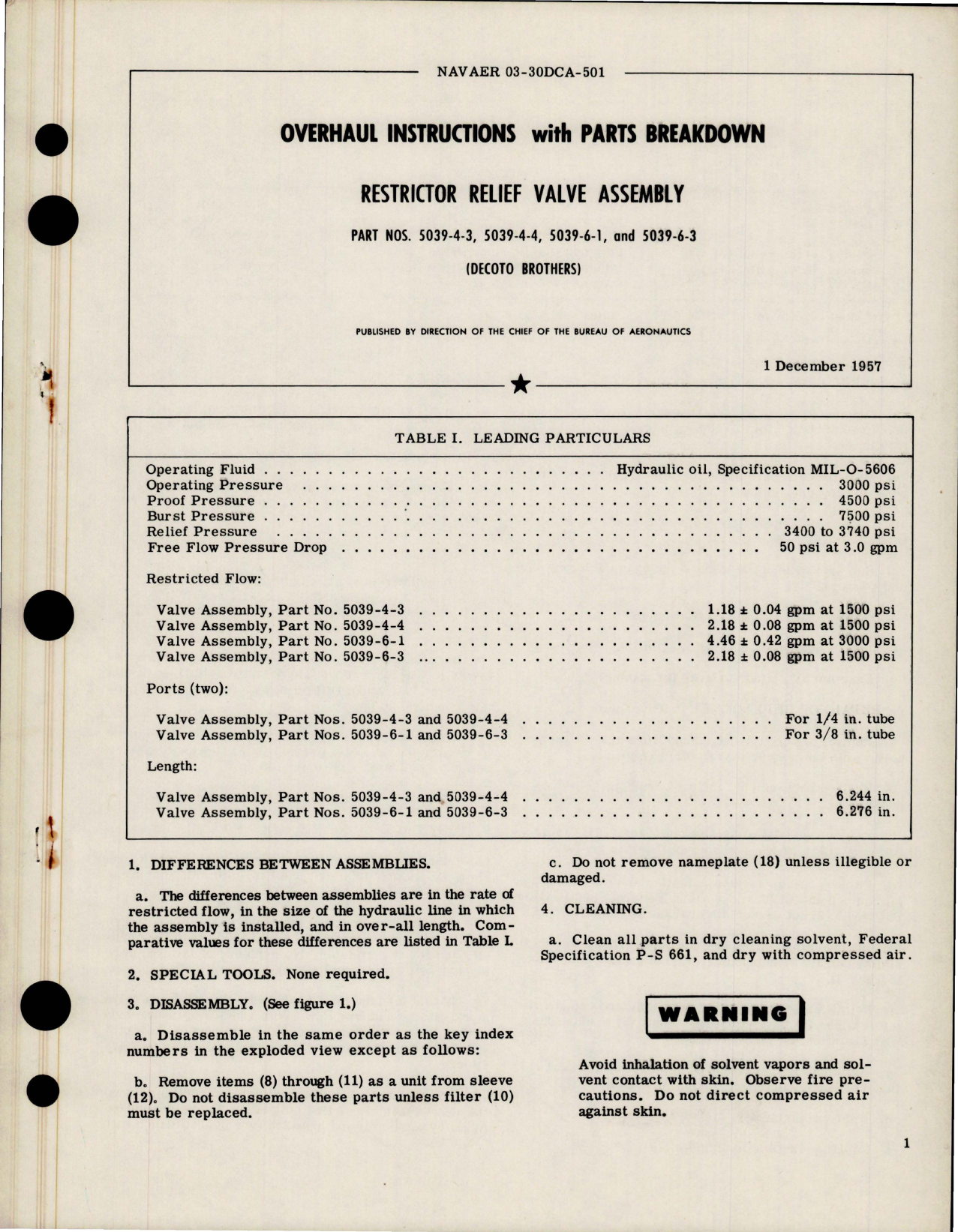 Sample page 1 from AirCorps Library document: Overhaul Instructions with Parts Breakdown for Restrictor Relief Valve Assembly - Parts 5039-4-3, 5039-6-1 and 5039-6-3