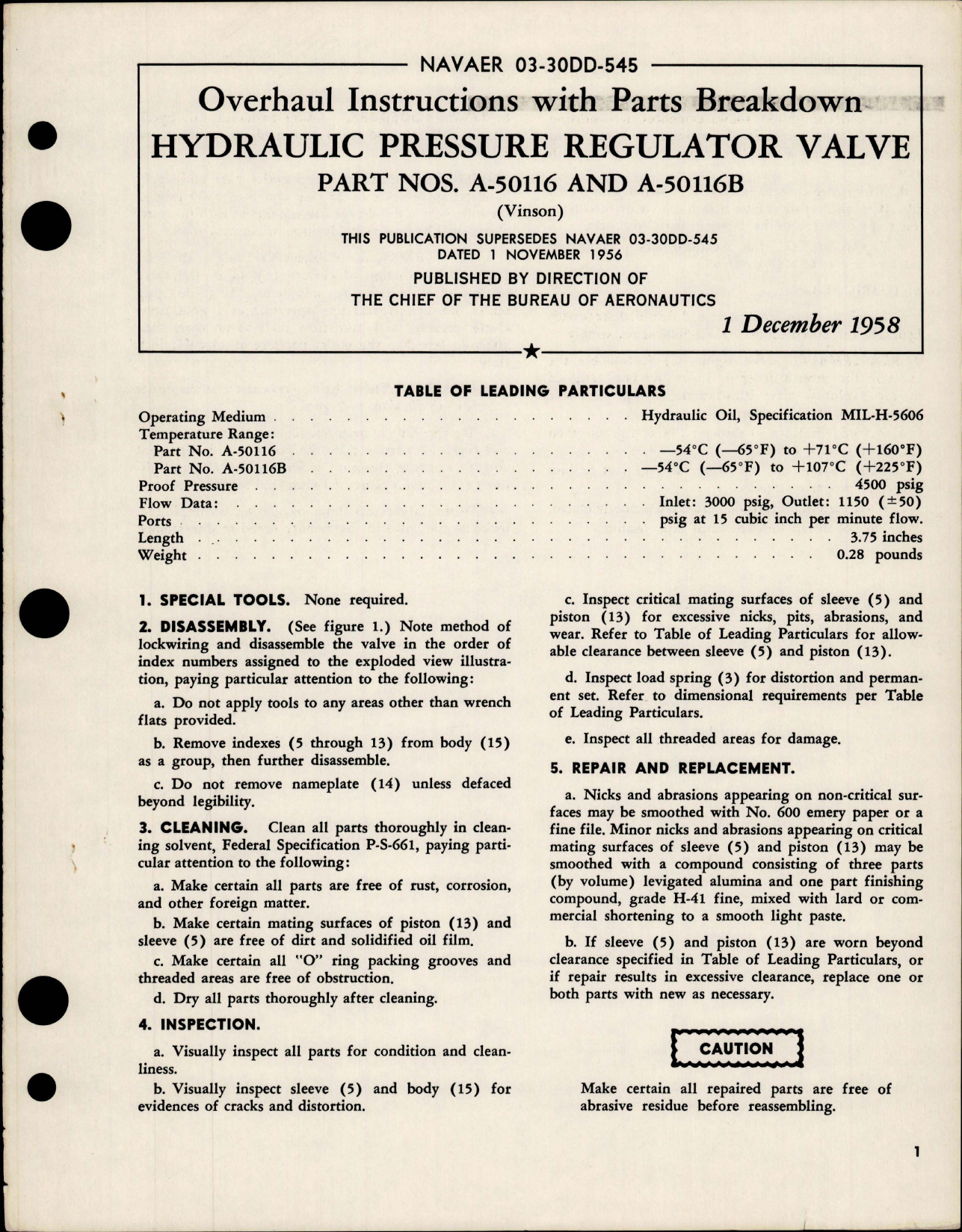 Sample page 1 from AirCorps Library document: Overhaul Instructions w Parts Breakdown for Hydraulic Pressure Regulator Valve - Parts A-50116 and A-50116B 