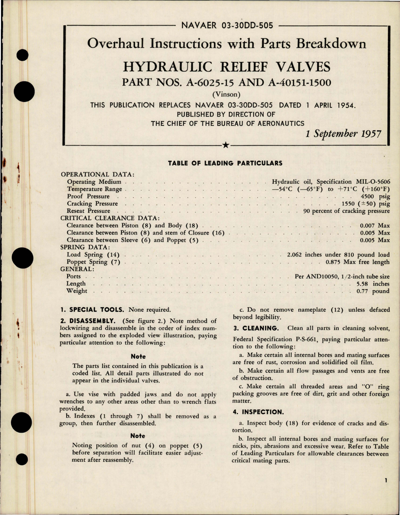 Sample page 1 from AirCorps Library document: Overhaul Instructions with Parts Breakdown for Hydraulic Relief Valves - Parts A-6025-15 and A-40151-1500