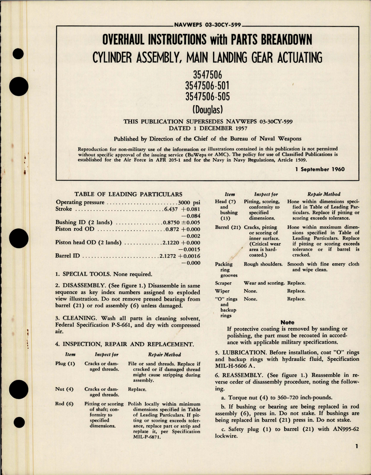 Sample page 1 from AirCorps Library document: Overhaul Instructions with Parts for Main Landing Gear Actuating Cylinder Assembly 