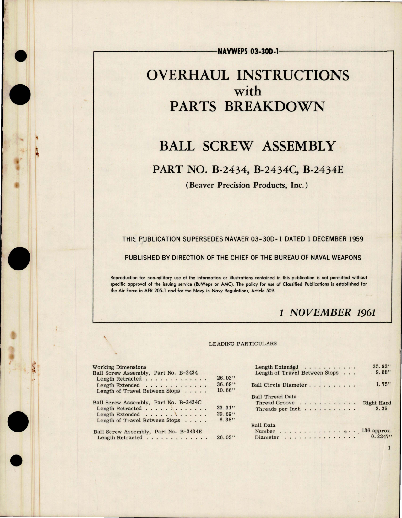 Sample page 1 from AirCorps Library document: Overhaul Instructions with Parts Breakdown for Ball Screw Assembly - Parts B-2434, B-2434C and B-2434E