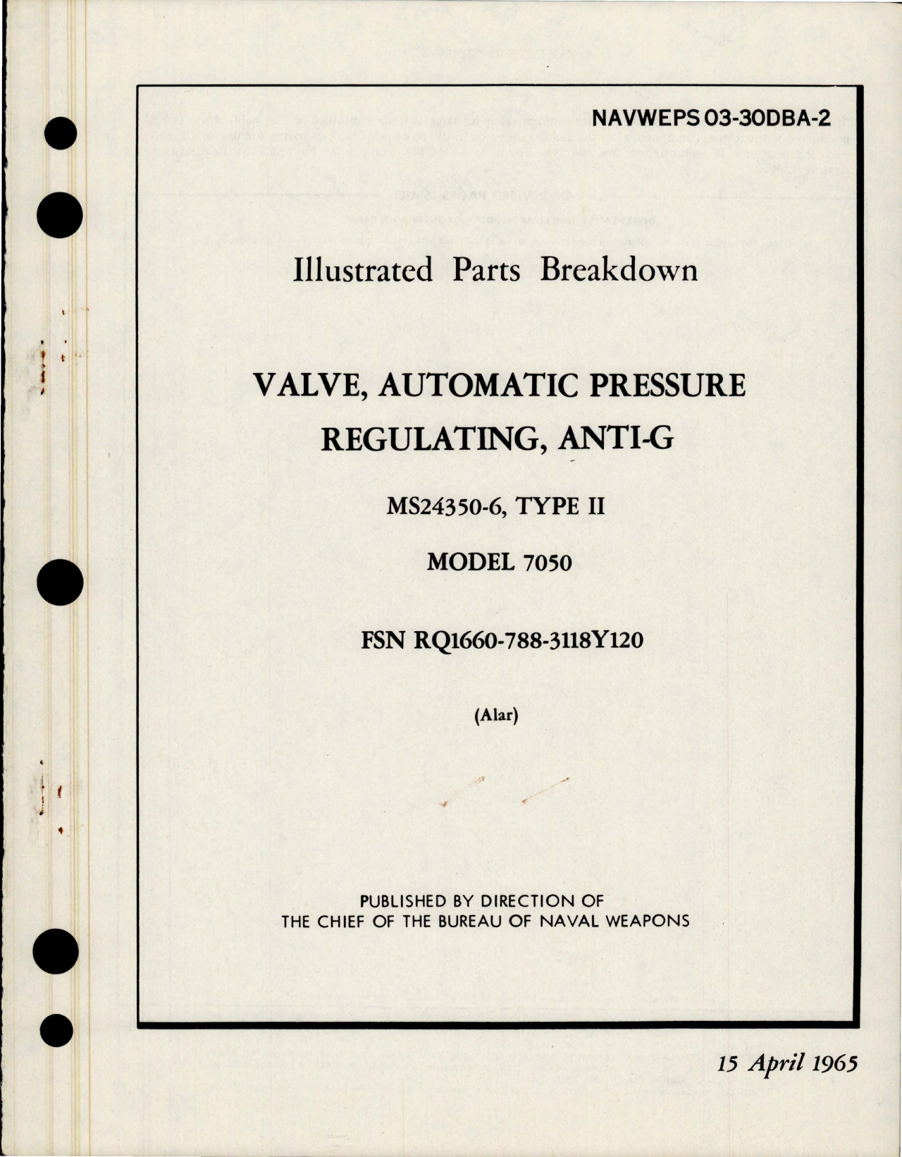 Sample page 1 from AirCorps Library document: Illustrated Parts Breakdown for Automatic Pressure Regulating Anti-G Valve - MS24350-6, Type II - Model 7050