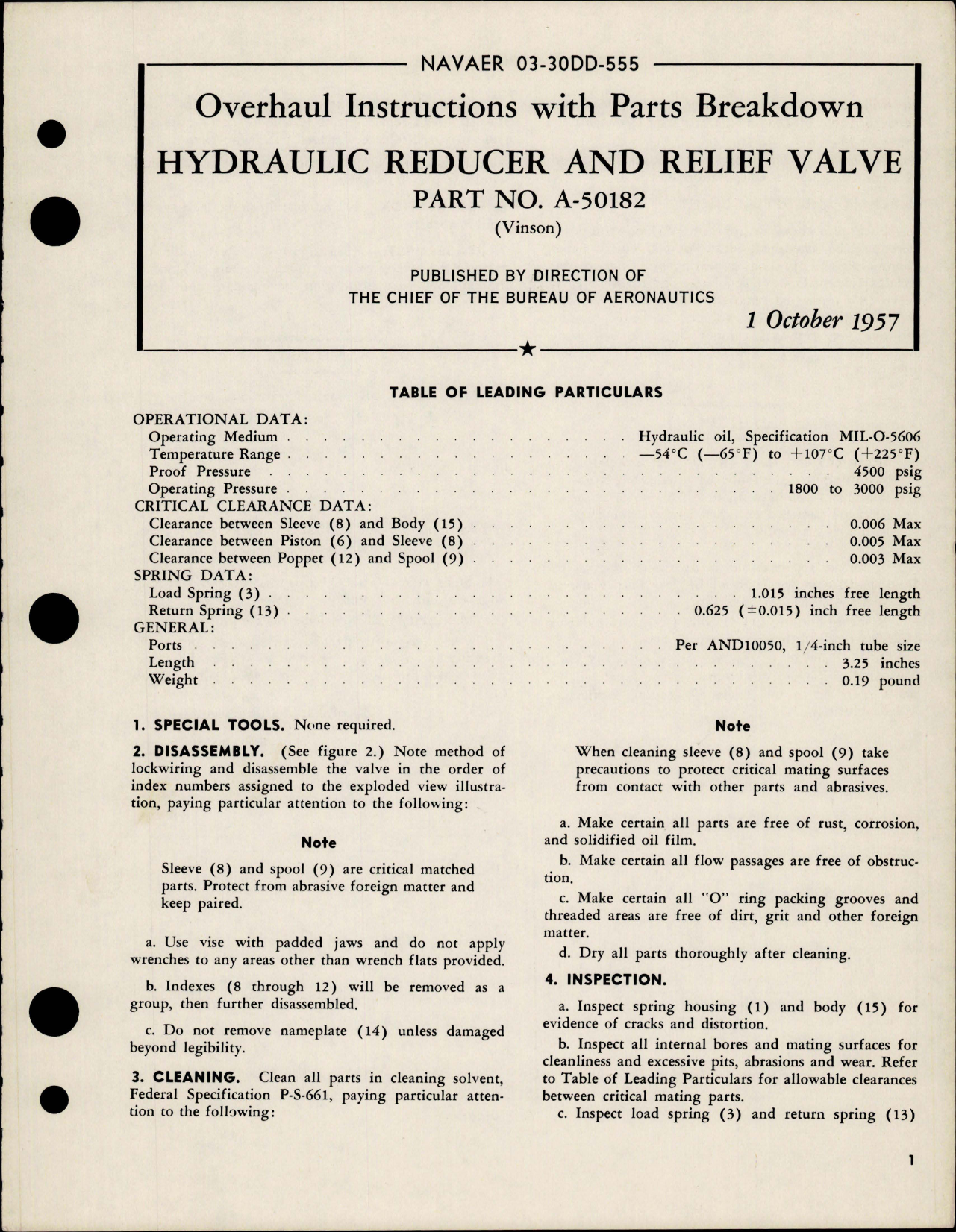 Sample page 1 from AirCorps Library document: Overhaul Instructions with Parts breakdown for Hydraulic Reducer and Relief Valve Part A-50182 