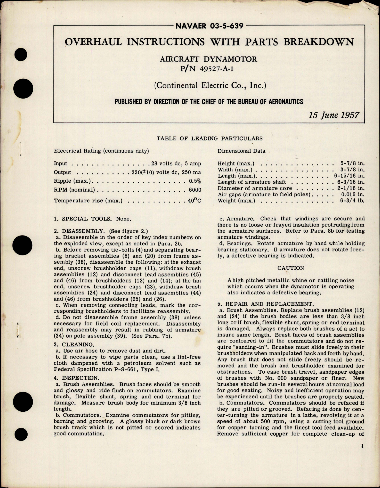 Sample page 1 from AirCorps Library document: Overhaul Instructions with Parts Breakdown for Aircraft Dynamotor - Part 49527-A-1 