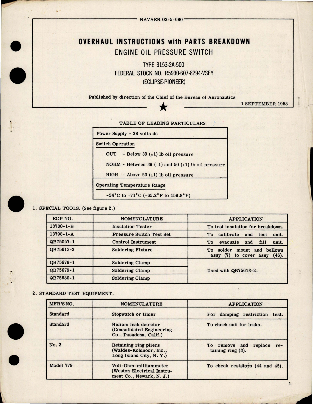 Sample page 1 from AirCorps Library document: Overhaul Instructions with Parts Breakdown for Engine Oil Pressure Switch - Type 3153-2A-500 