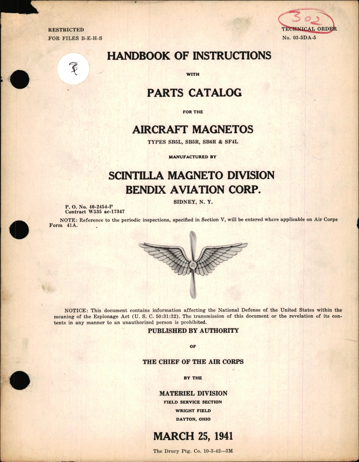 Sample page 1 from AirCorps Library document: Instructions with Parts Catalog for Type SB5L, SB5R, SB6R, & SF4L Aircraft Magnetos 