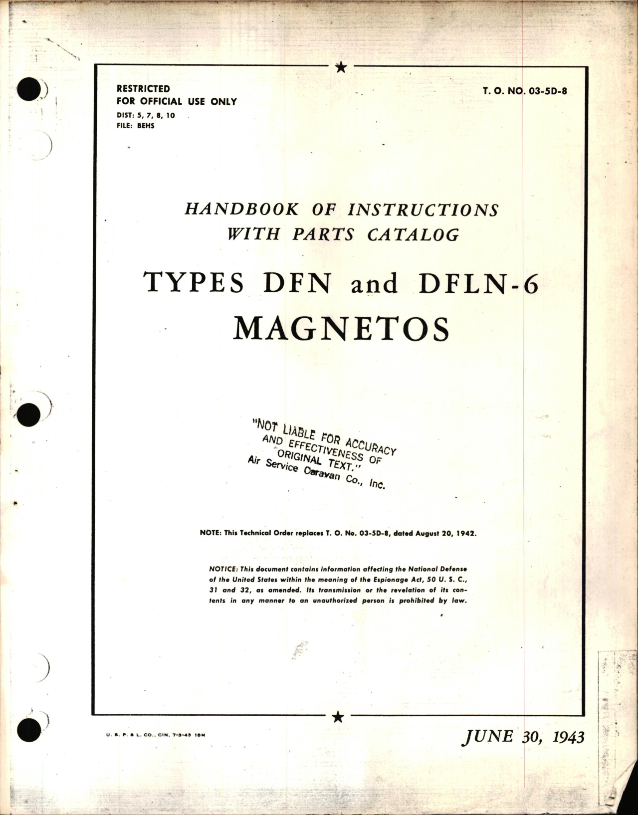 Sample page 1 from AirCorps Library document: Instructions with Parts Catalog for Types DFN and DFLN-6 Magnetos 