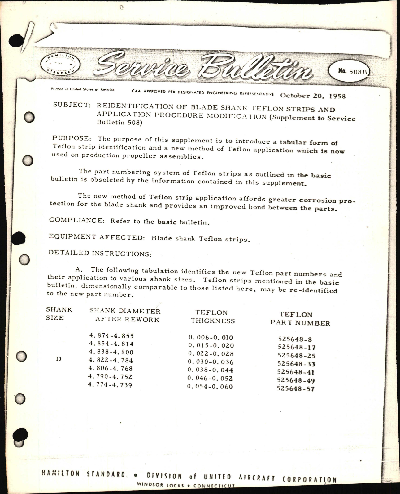 Sample page 1 from AirCorps Library document: Reidentification of Blade Shank Teflon Strips and Application Procedure Modification