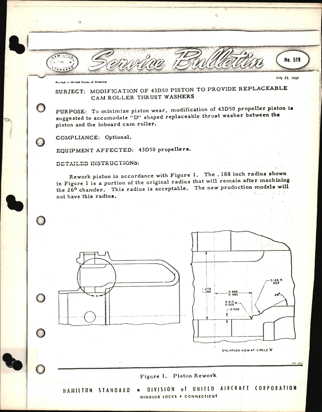 Sample page 1 from AirCorps Library document: Modification of 43D50 Piston to Provide Replaceable Cam Roller Thrust Washers