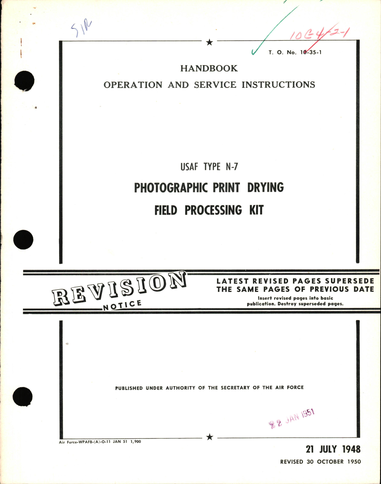 Sample page 1 from AirCorps Library document: Operation & Service Instructions for USAF Type N-7 Photographic Print Drying Field Processing Kit