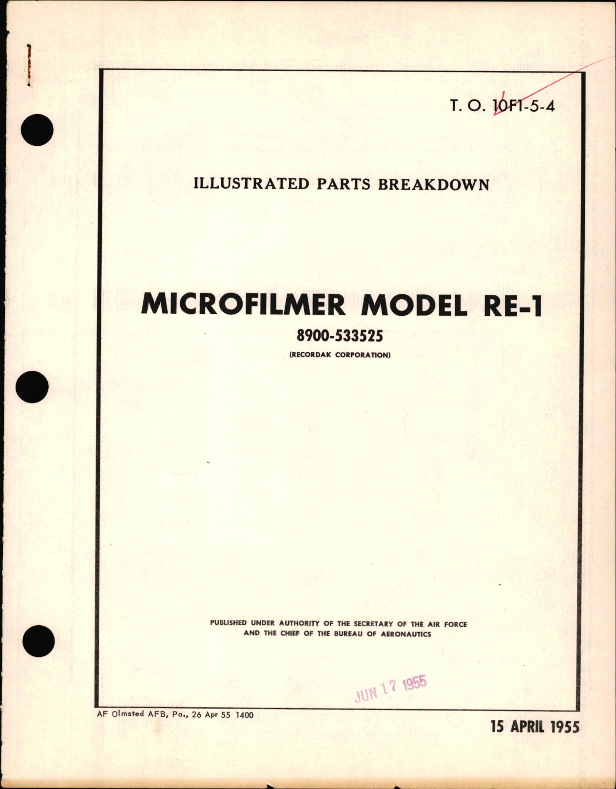 Sample page 1 from AirCorps Library document:  Illustrated Parts Breakdown for Microfilmer Model RE-1 8900-533525
