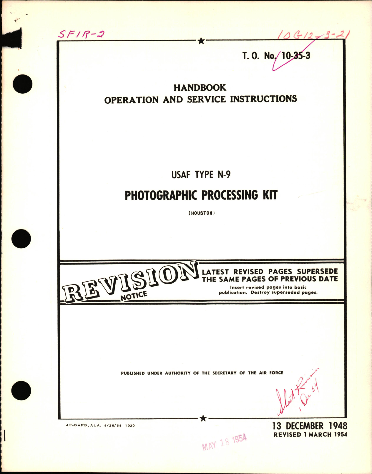 Sample page 1 from AirCorps Library document: Operation & Service Instructions for USAF Type N-9 Photographic Processing Kit