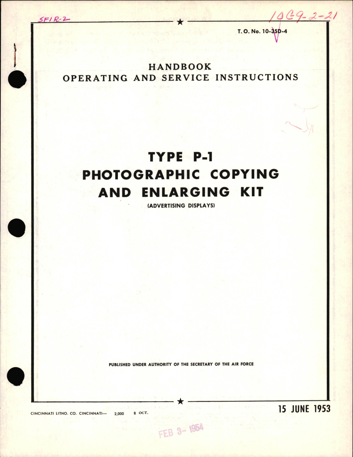 Sample page 1 from AirCorps Library document: Operating & Service Instructions for Type P-1 Photographic Copying and Enlarging Kit