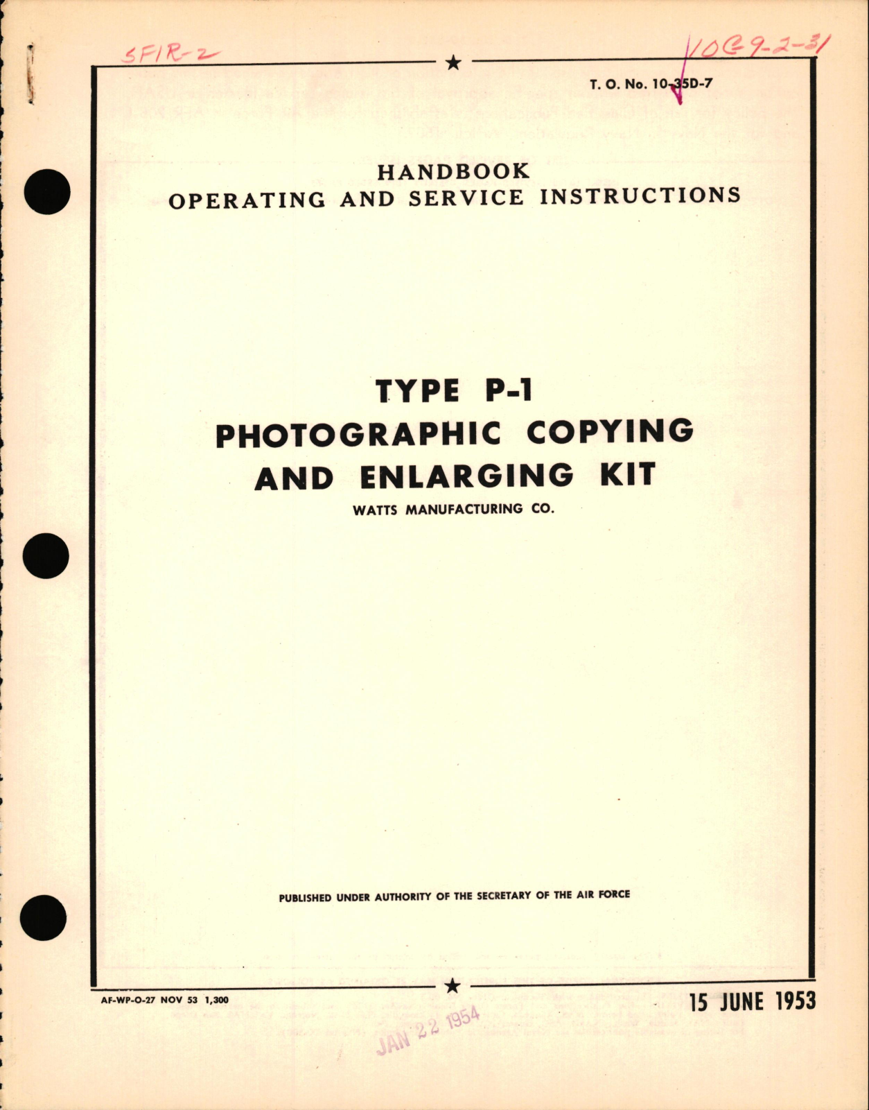 Sample page 1 from AirCorps Library document: Operating & Service Instructions for Type P-1 Photographic Copying & Enlarging Kit