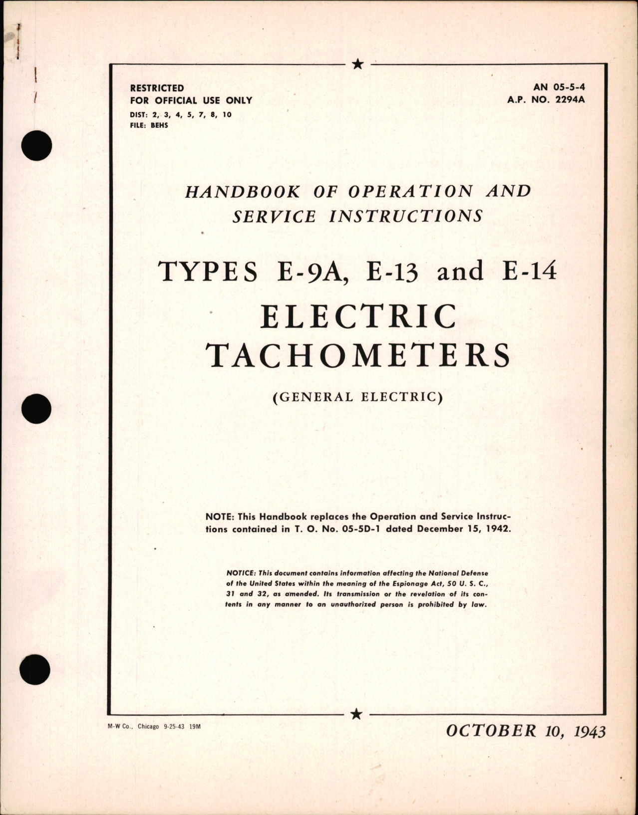Sample page 1 from AirCorps Library document: Operation and Service Instructions for Type E-9A, E-13, & E-14 Electric Tachometers