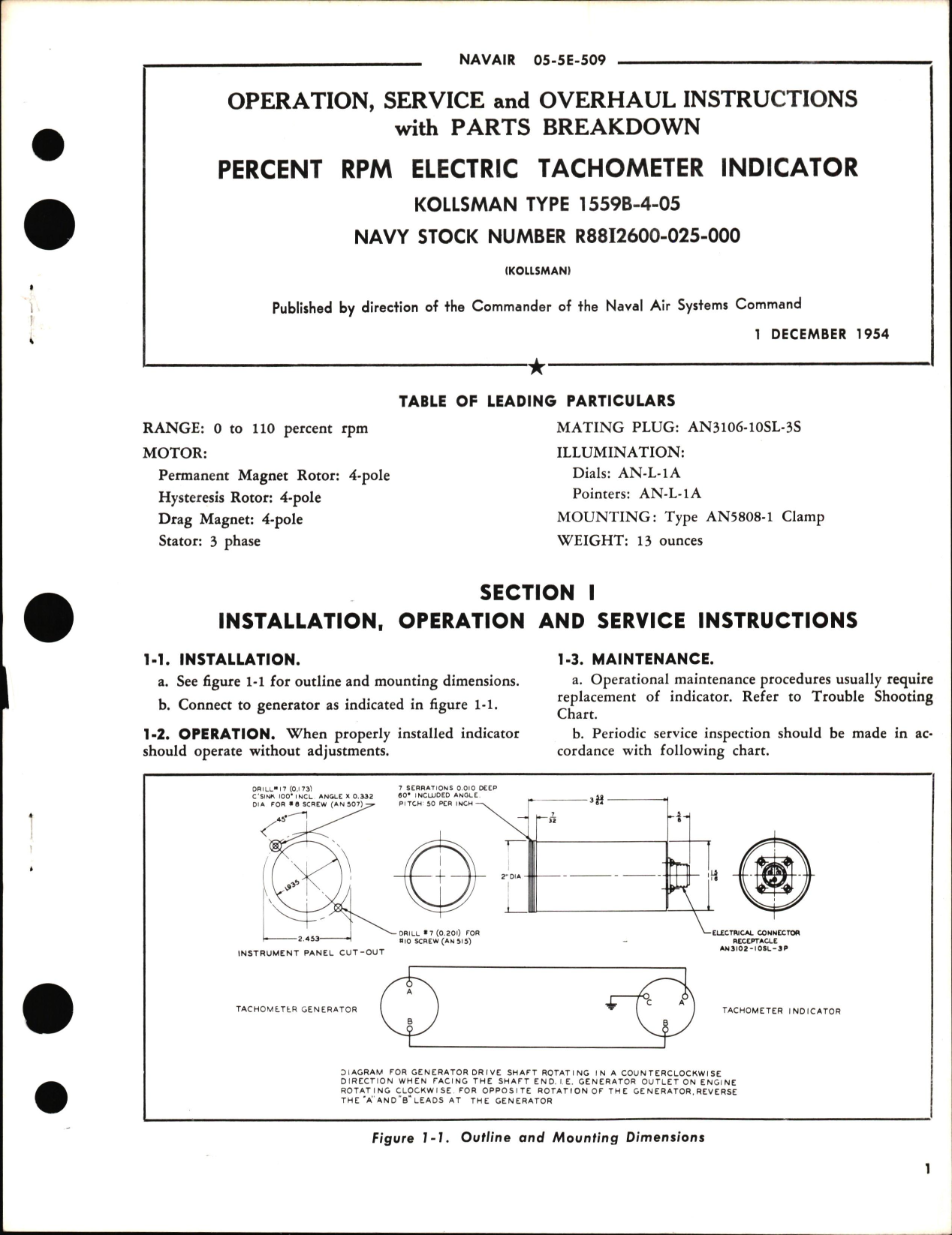 Sample page 1 from AirCorps Library document: Operation, Service, & Overhaul Instructions, with Parts Breakdown for Percent RPM Electric Tachometer Indicator Part No. 1559B-4-05