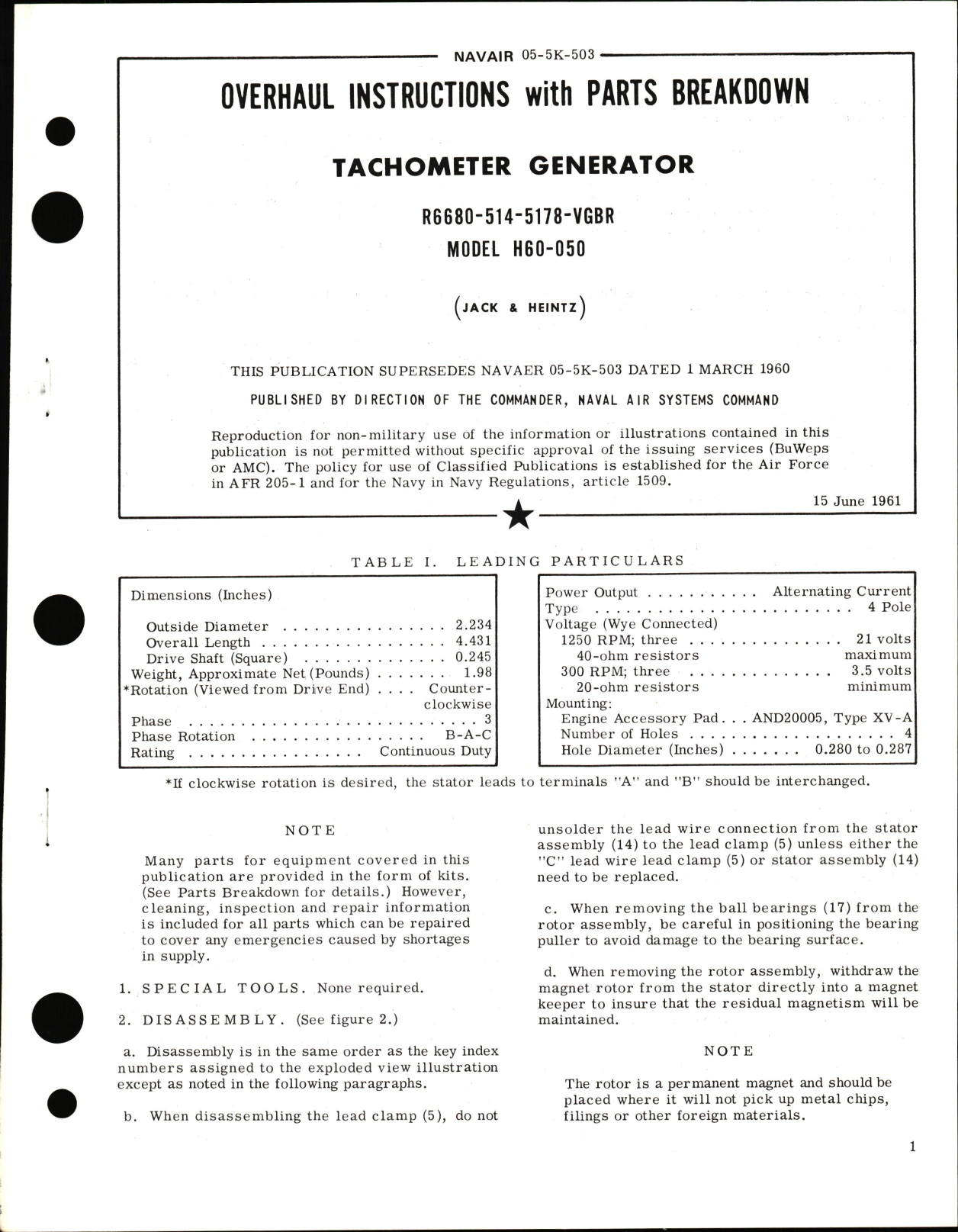 Sample page 1 from AirCorps Library document: Overhaul Instructions with Parts Breakdown for Tachometer Generator Model H60-050