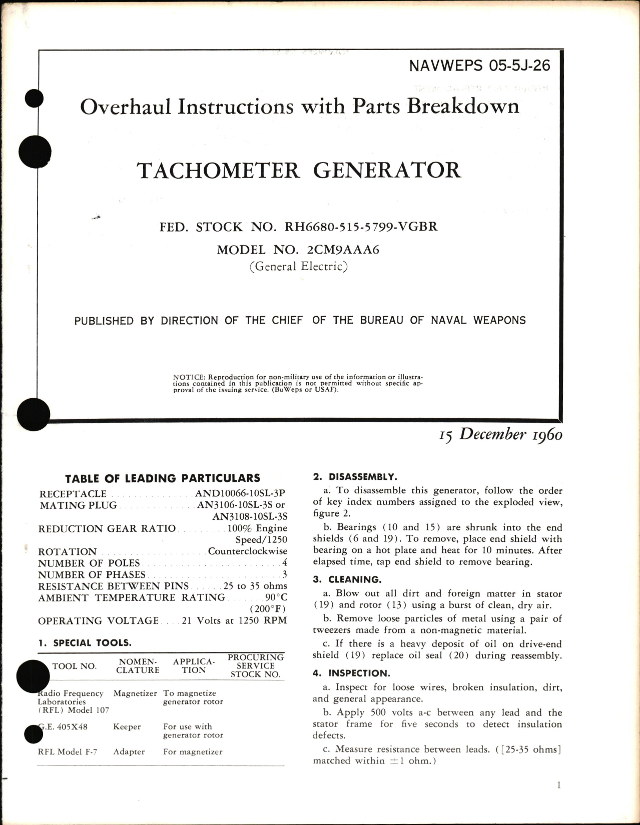 Sample page 1 from AirCorps Library document: Overhaul Instructions with Parts Breakdown for Tachometer Generator Model No. 2CM9AAA6