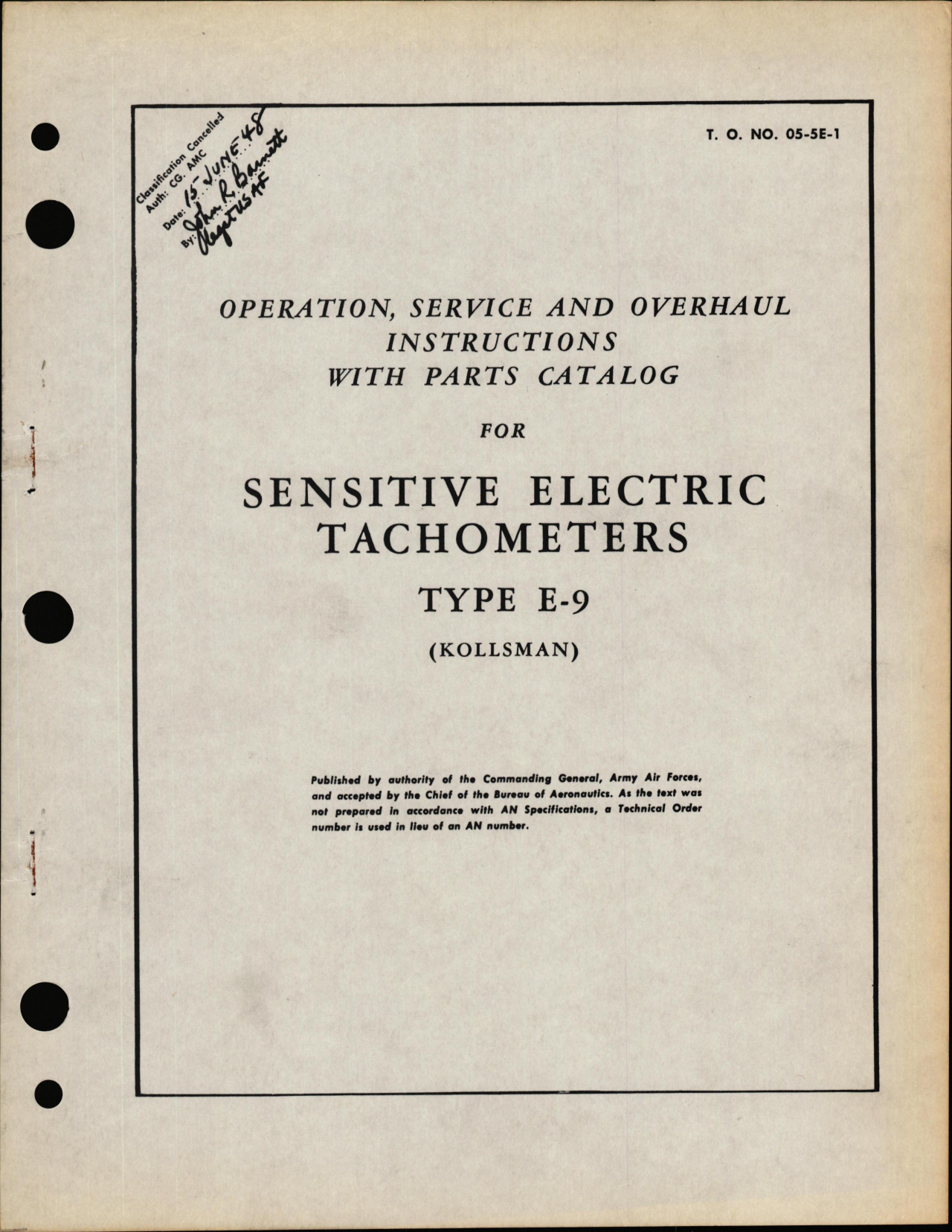 Sample page 1 from AirCorps Library document: Operation, Service, & Overhaul Instructions  with Parts Catalog for Type E-9 Sensitive Electric Tachometers