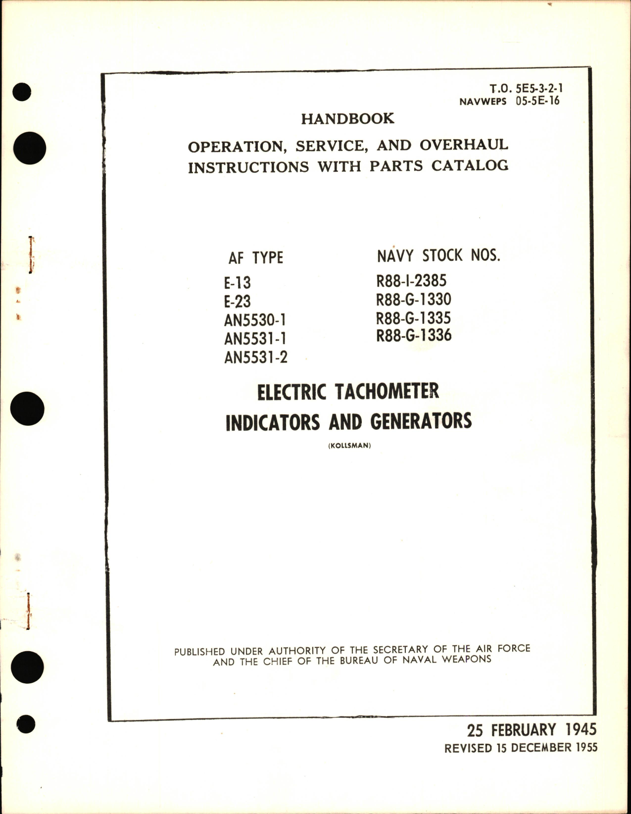 Sample page 1 from AirCorps Library document: Operation, Service, & Overhaul Instructions with Parts Catalog for Electric Tachometers and Generators Types E13, E-23, AN5530-1, AN5531-1, & -2