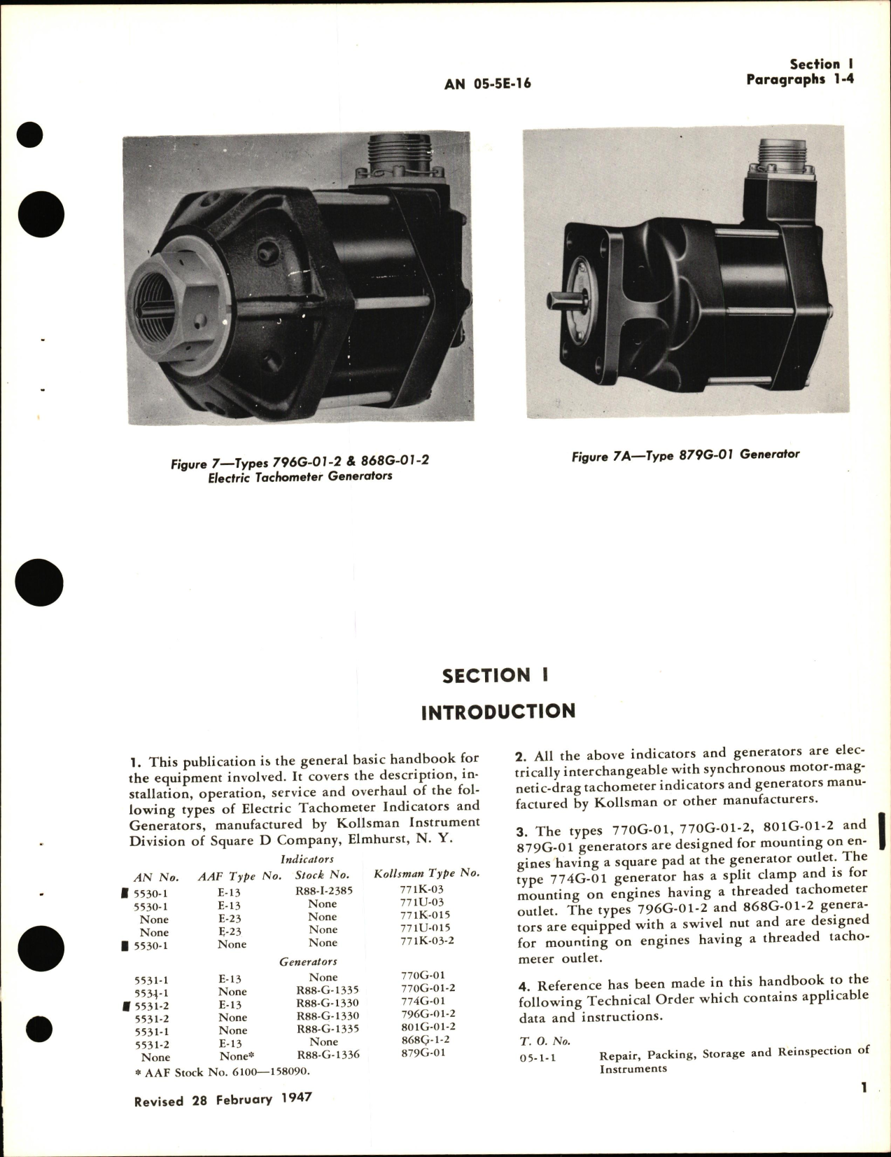 Sample page 7 from AirCorps Library document: Operation, Service, & Overhaul Instructions with Parts Catalog for Electric Tachometers and Generators Types E13, E-23, AN5530-1, AN5531-1, & -2