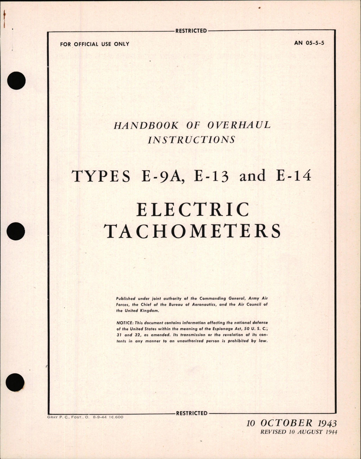 Sample page 1 from AirCorps Library document: Overhaul Instructions for Type E-9A, E-13, & E-14 Electric Tachometers