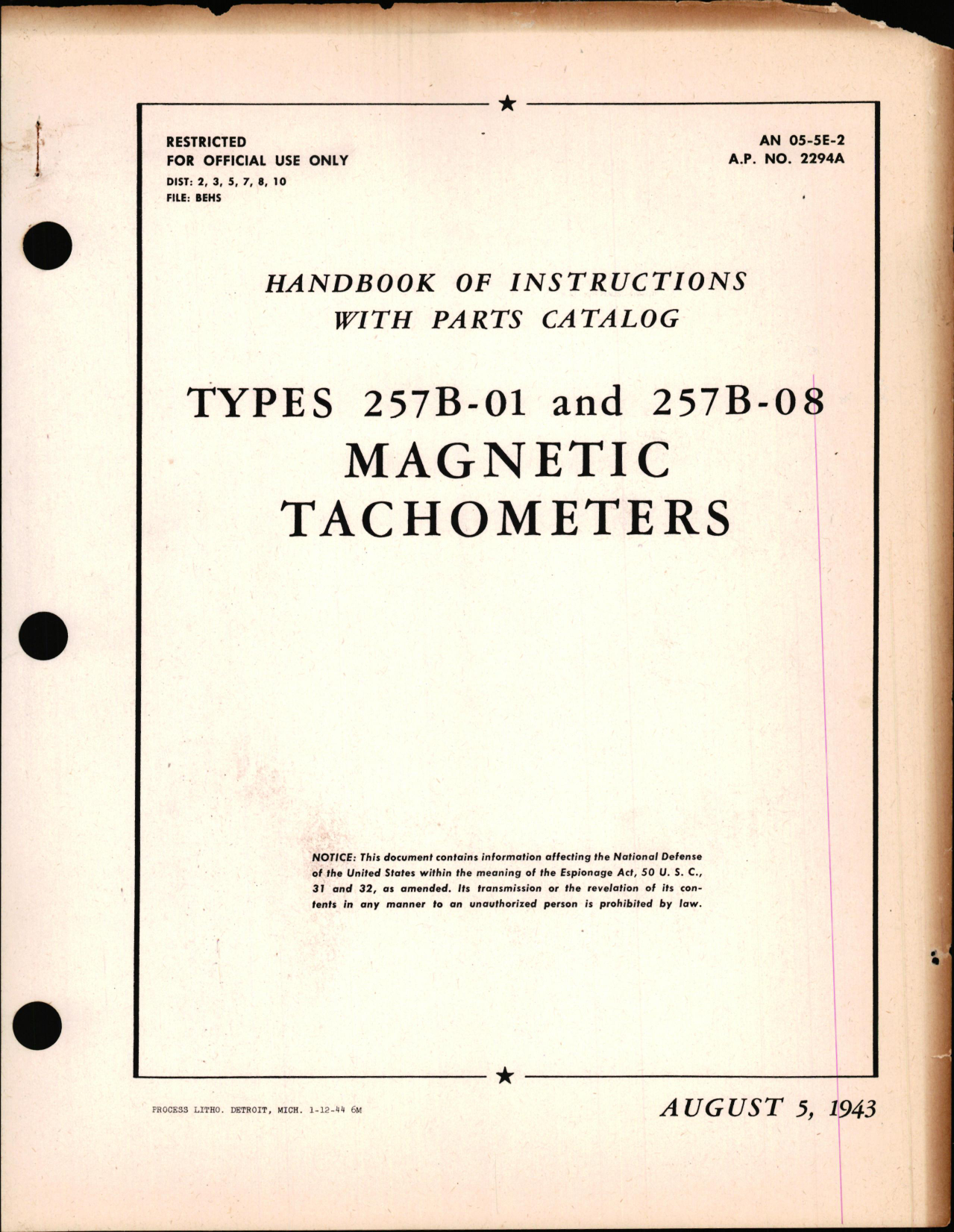 Sample page 1 from AirCorps Library document: Instructions with Parts Catalog for Types 257B-01 & 257B-08 Magnetic Tachometers