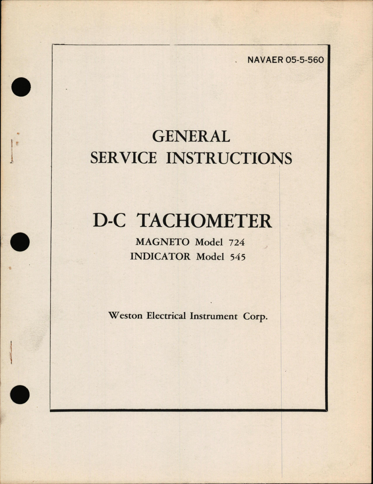 Sample page 1 from AirCorps Library document: General Service Inst for D-C Tachometer Magneto Model 724, Indicator Model 545