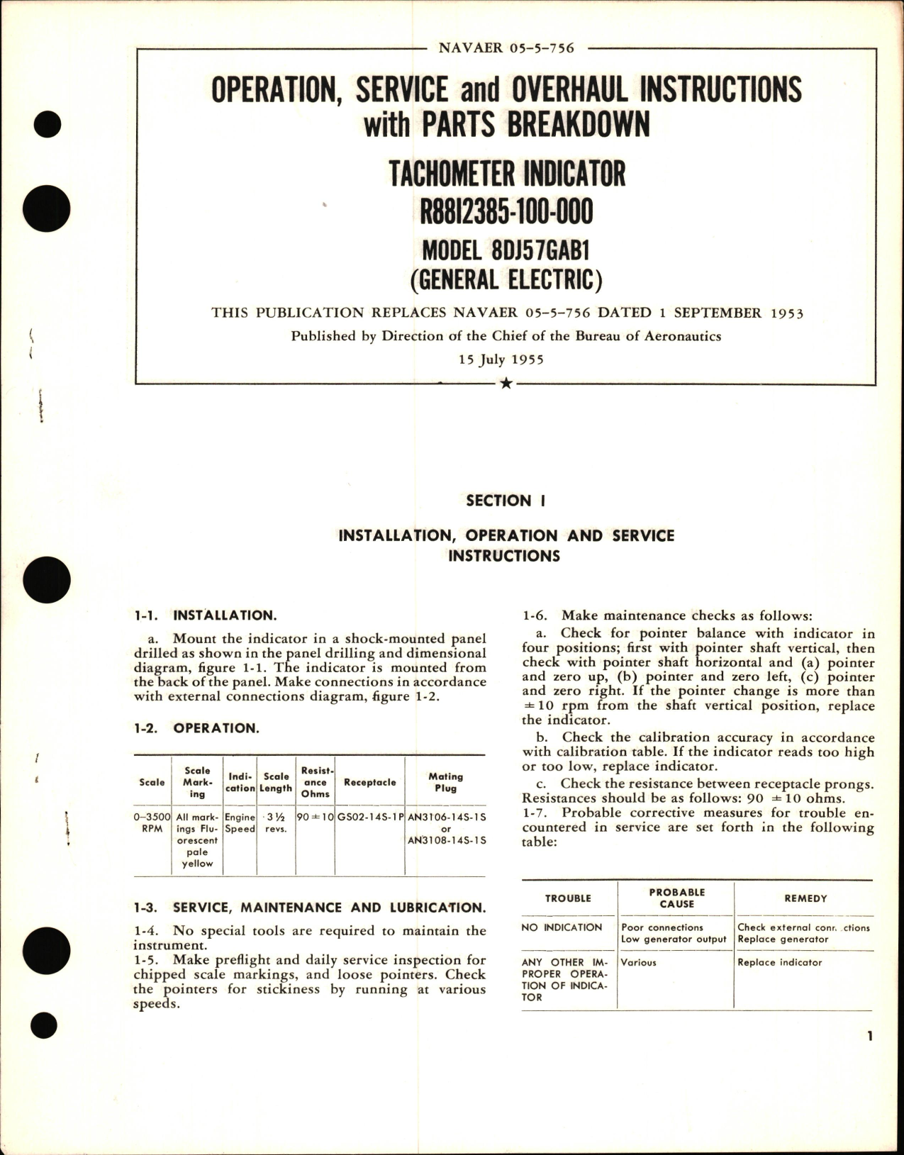 Sample page 1 from AirCorps Library document: Operation, Service, & Overhaul Instructions with Parts Breakdown for Tachometer Indicator Model 8DJ57GAB1