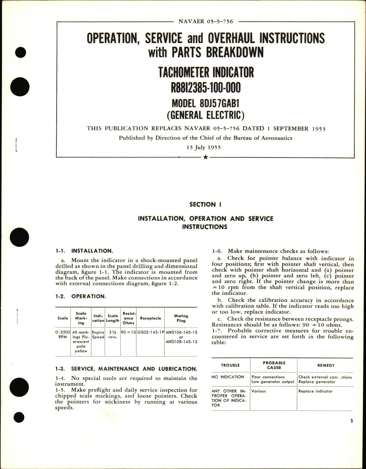 Sample page 1 from AirCorps Library document: Operation, Service, & Overhaul Instructions with Parts Breakdown for Tachometer Indicator Model 8DJ57GAB1