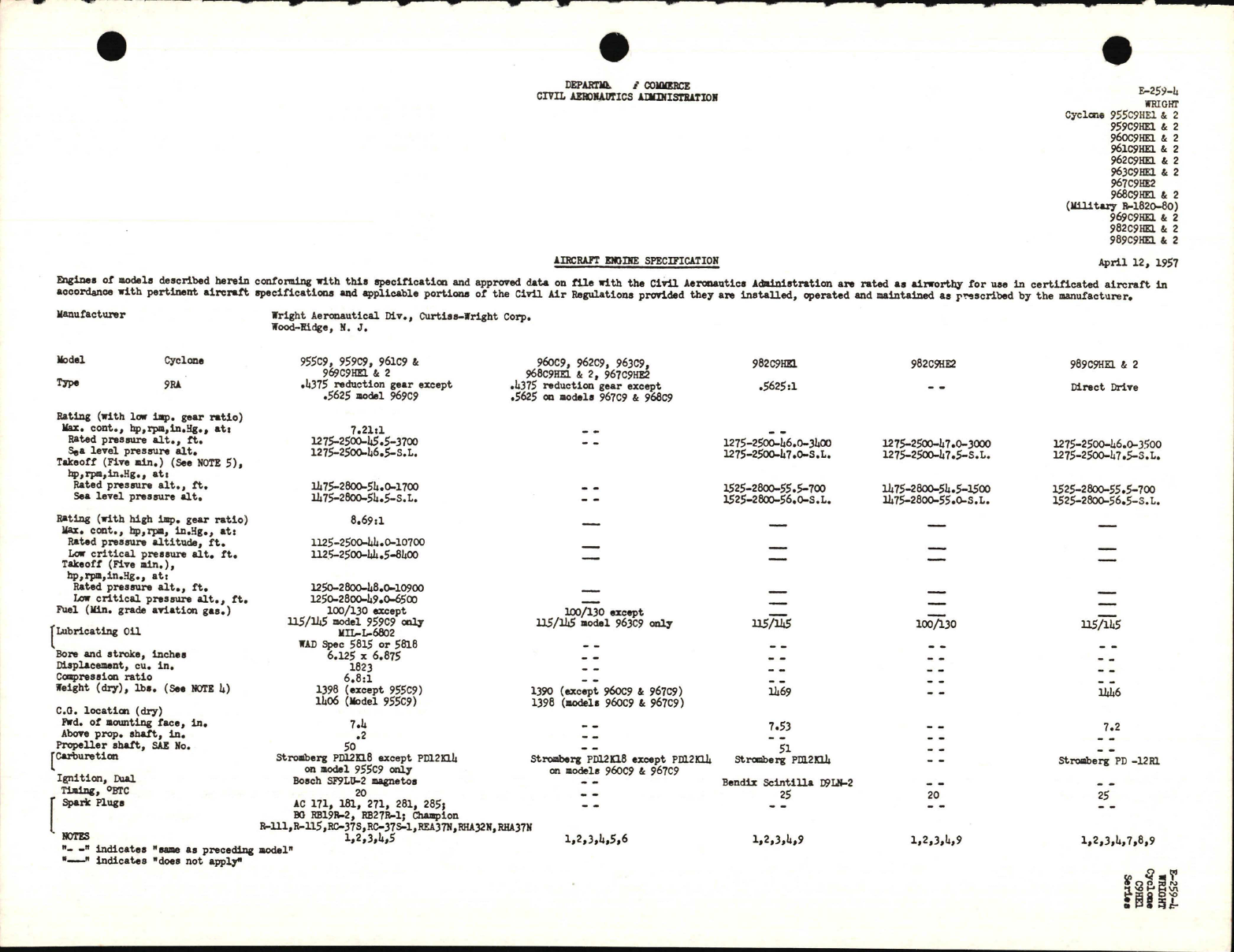 Sample page 1 from AirCorps Library document: 955C9HE, 959C9HE, 960C9HE, R-1820-80 Cyclone
