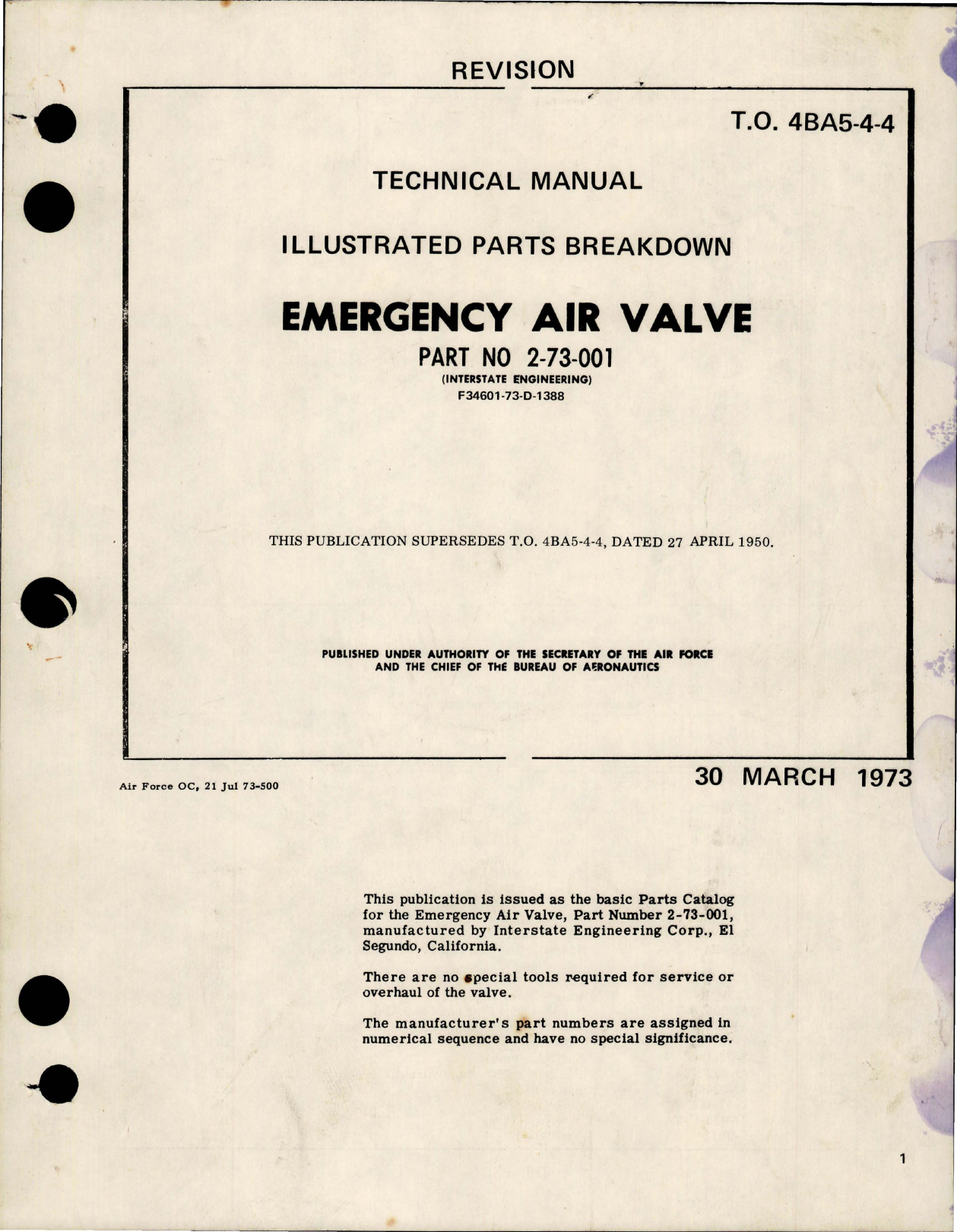 Sample page 1 from AirCorps Library document: Illustrated Parts Breakdown for Emergency Air Valve - Part 2-73-001 