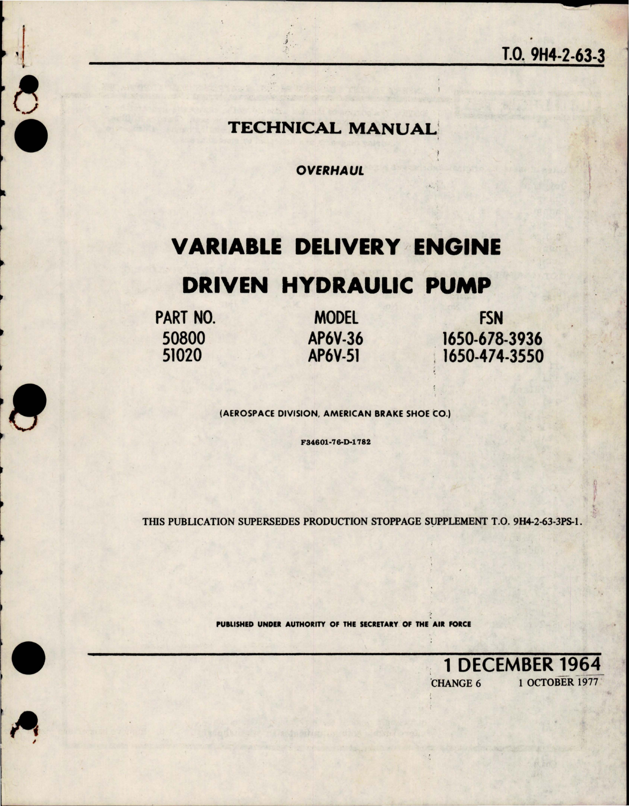Sample page 1 from AirCorps Library document: Overhaul Instructions for Variable Delivery Engine Driven Hydraulic Pump - Parts 50800 and 51020