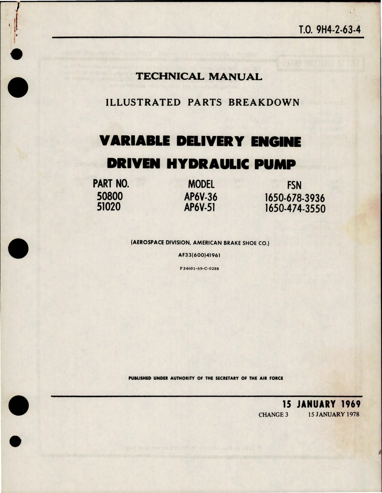 Sample page 1 from AirCorps Library document: Illustrated Parts Breakdown for Variable Delivery Engine Driven Hydraulic Pump - Part 50800 and 51020