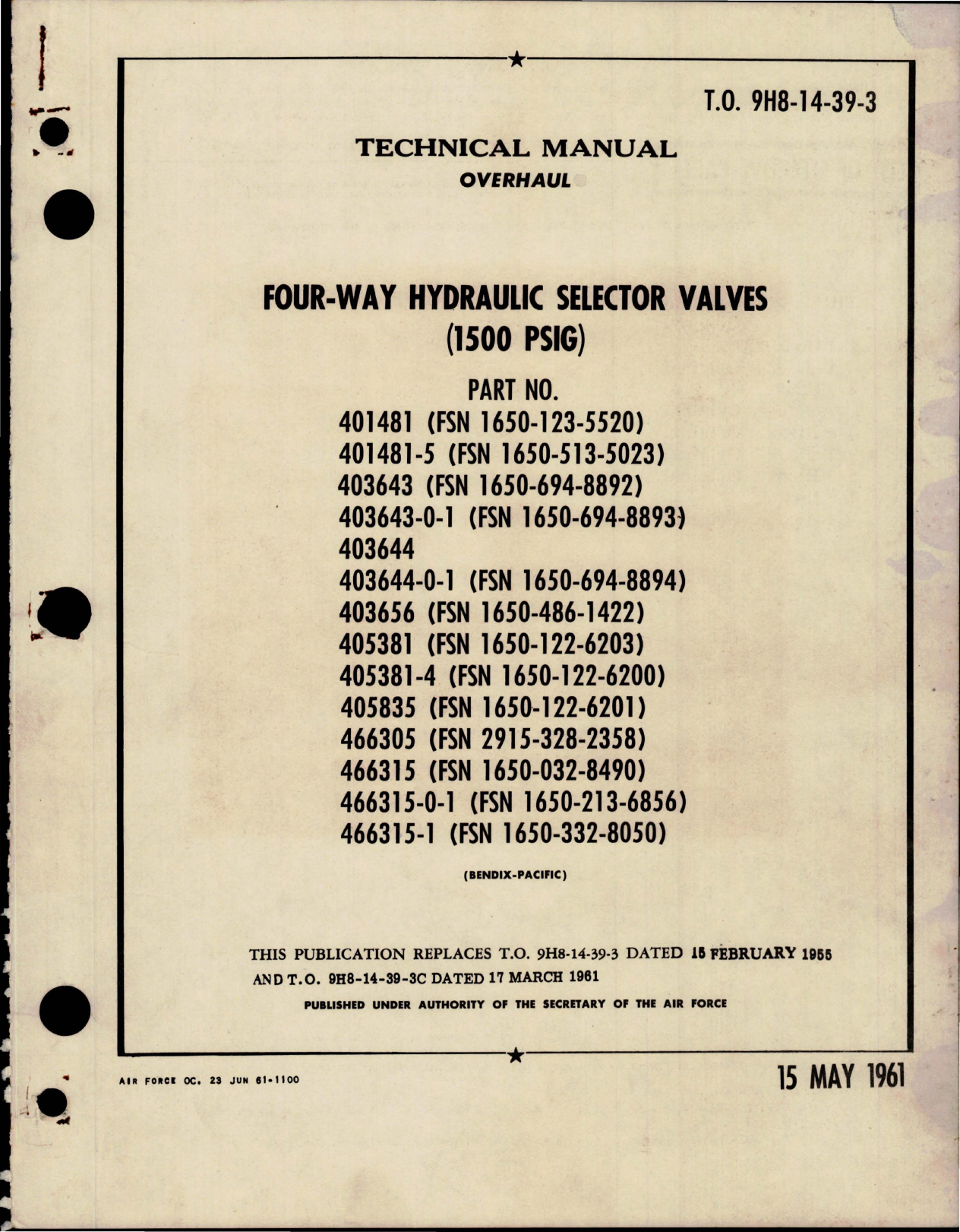 Sample page 1 from AirCorps Library document: Overhaul Instructions for Four Way Hydraulic Selector Valves - 1500 PSIG