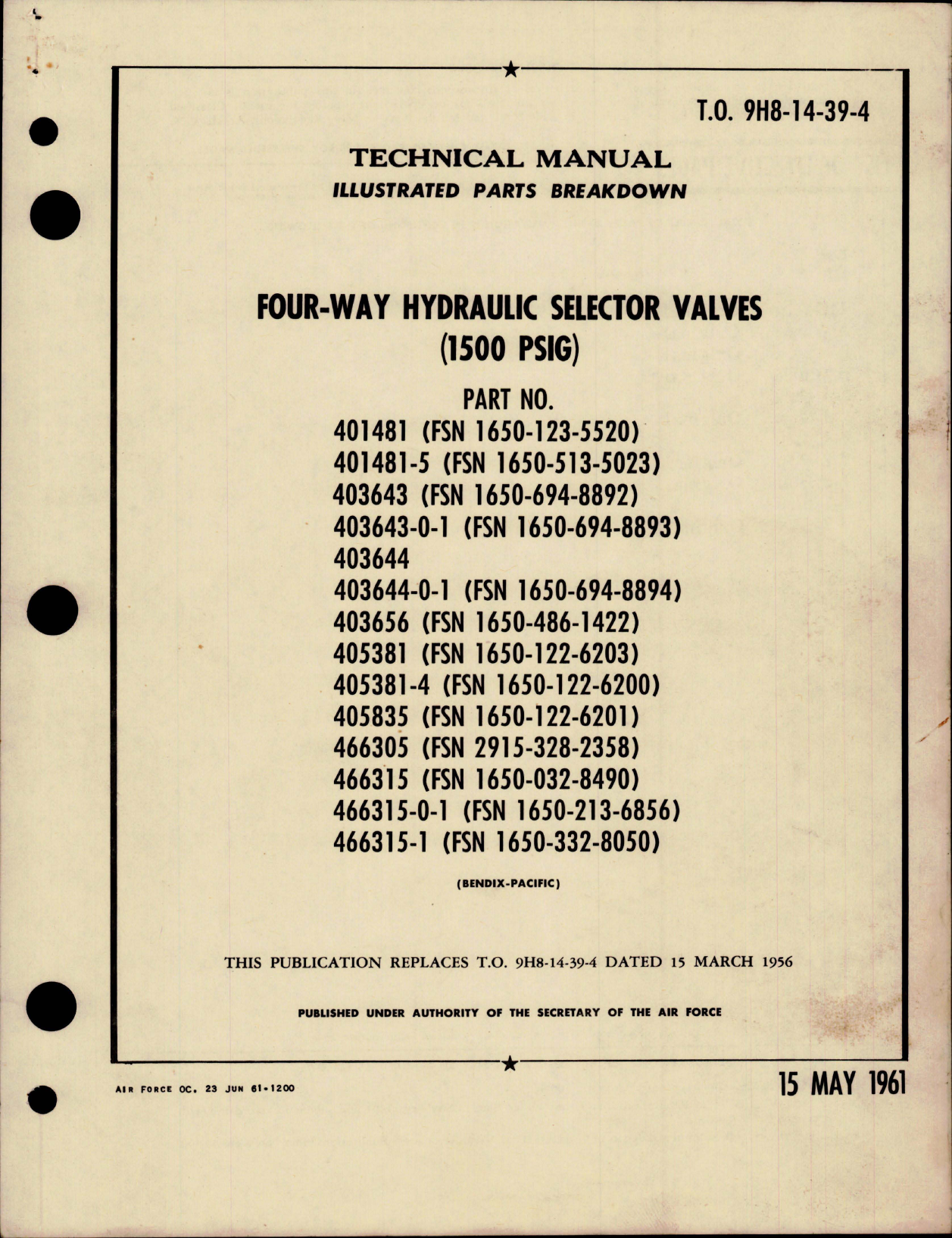 Sample page 1 from AirCorps Library document: Illustrated Parts Breakdown for Four Way Hydraulic Selector Valves - 1500 PSIG