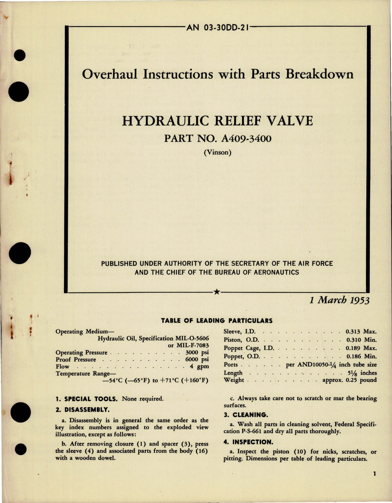 Sample page 1 from AirCorps Library document: Overhaul Instructions with Parts Breakdown for Hydraulic Relief Valve - Part A409-3400