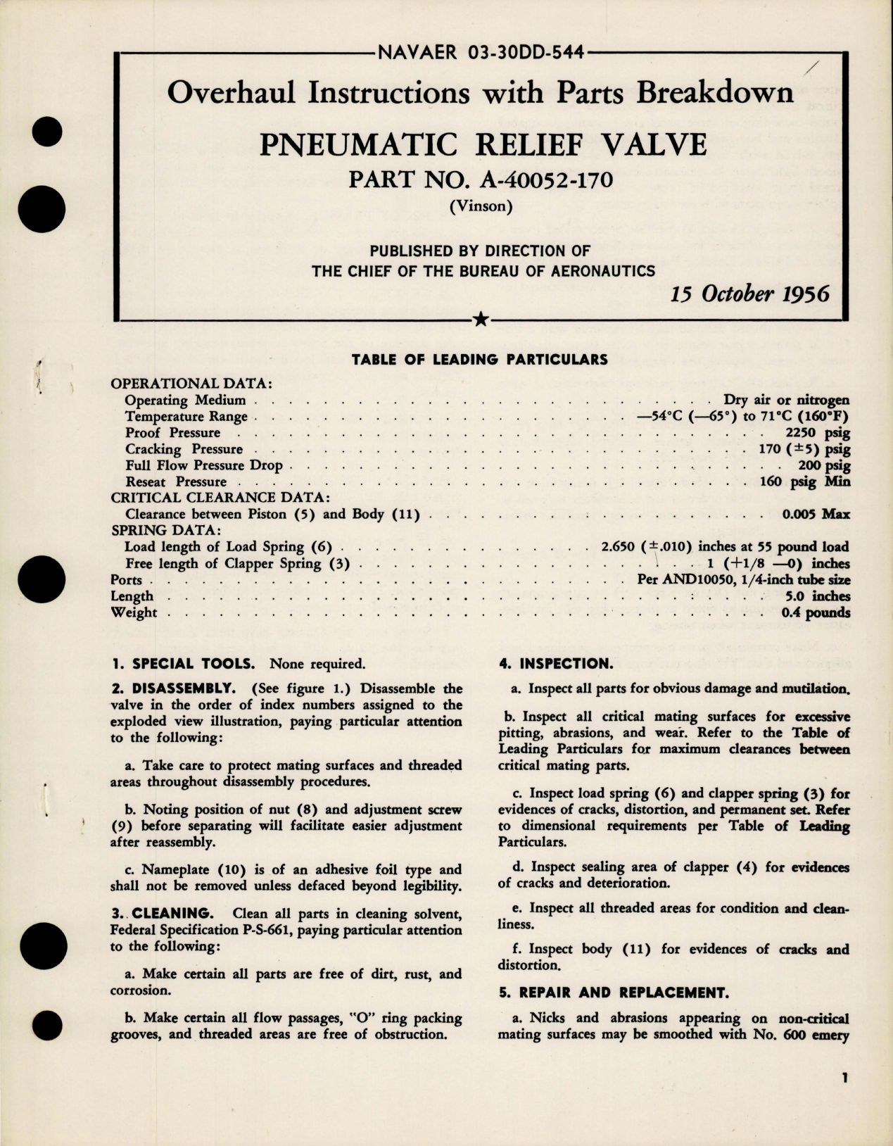 Sample page 1 from AirCorps Library document: Overhaul Instructions with Parts Breakdown for Pneumatic Relief Valve - Part A-40052-170 