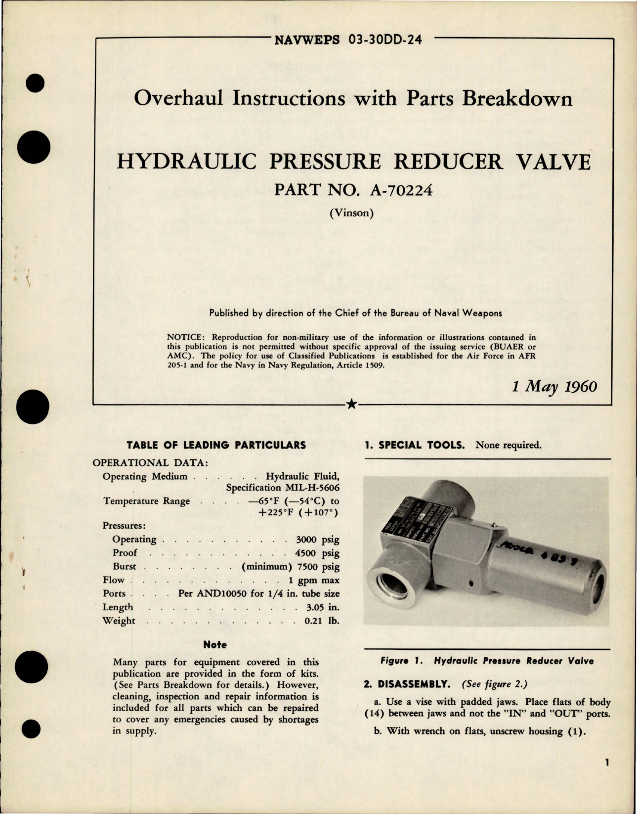 Sample page 1 from AirCorps Library document: Overhaul Instructions with Parts Breakdown for Hydraulic Pressure Reducer Valve - Part A-70224 