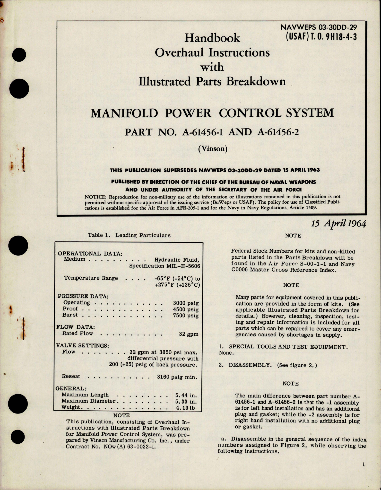 Sample page 1 from AirCorps Library document: Overhaul Instructions with Parts Breakdown for Manifold Power Control System - Part A-61456-1 and A-61456-2
