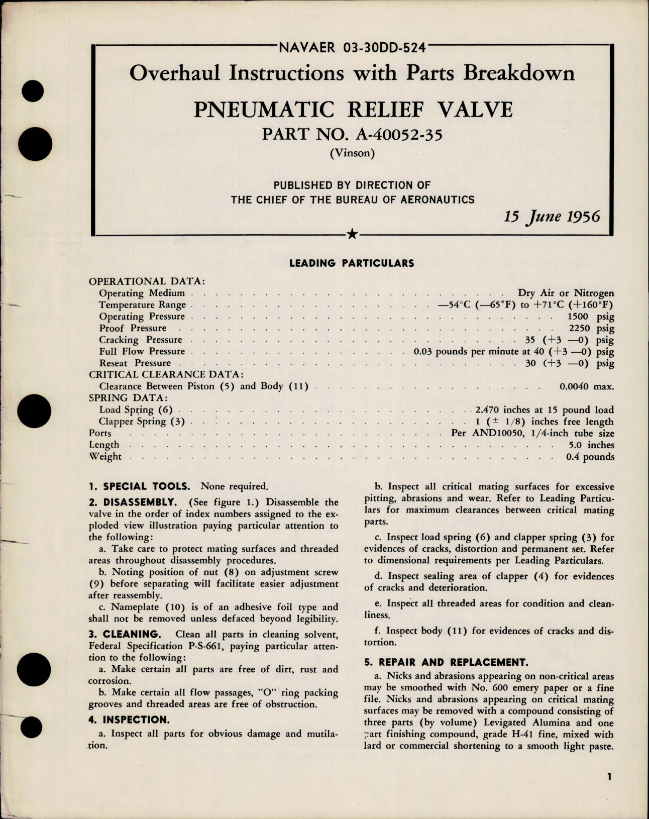 Sample page 1 from AirCorps Library document: Overhaul Instructions with Parts Breakdown for Pneumatic Relief Valve - Part A-40052-35